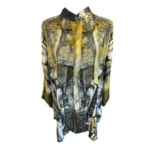 Dilemma New York Abstract Print Lightweight Blouse L Yellow/Gray/Black Artsy